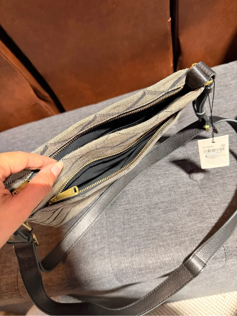 Fossil Preston Expandable Crossbody Bag Grey Black Diamond Jacquard Leather